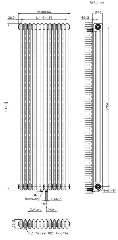 Warm Well Column 3 1800x560 (CL318056W) білий Габаритні розміри