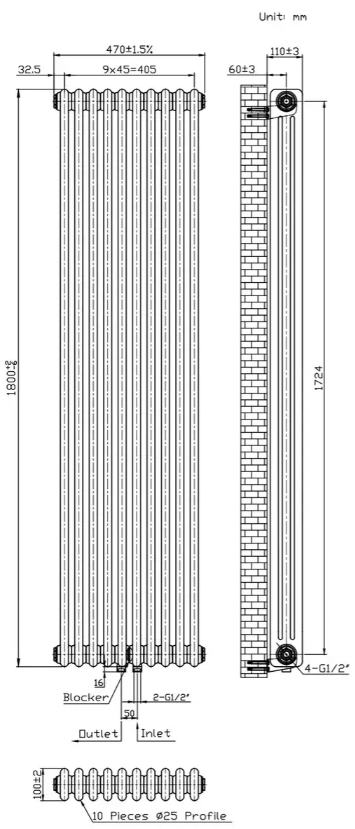 Warm Well Column 3 1800x470 (CL318047MB) чорний Габаритні розміри