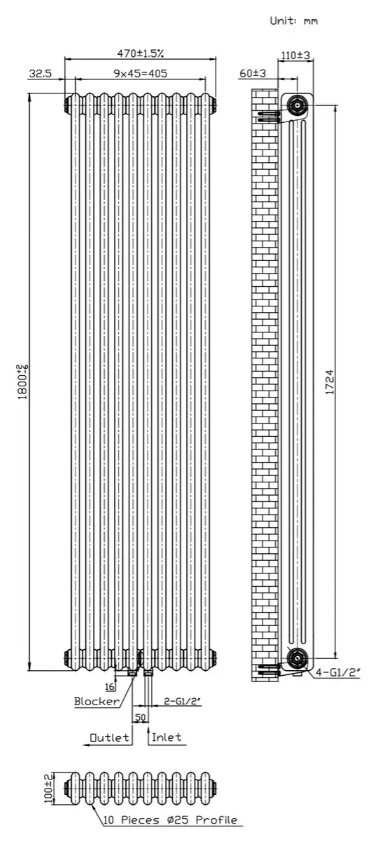 Warm Well Column 3 1800x470 (CL318047W) білий Габаритні розміри