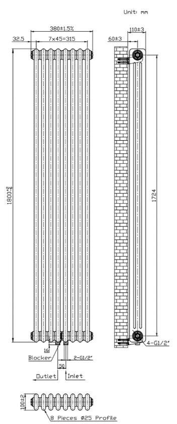 Warm Well Column 3 1800x380 (CL318038MB) чорний Габаритні розміри