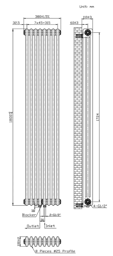 Warm Well Column 3 1800x380 (CL318038W) білий Габаритні розміри