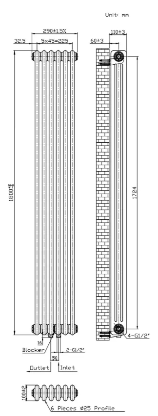 Warm Well Column 3 1800x290 (CL318029MB) чорний Габаритні розміри