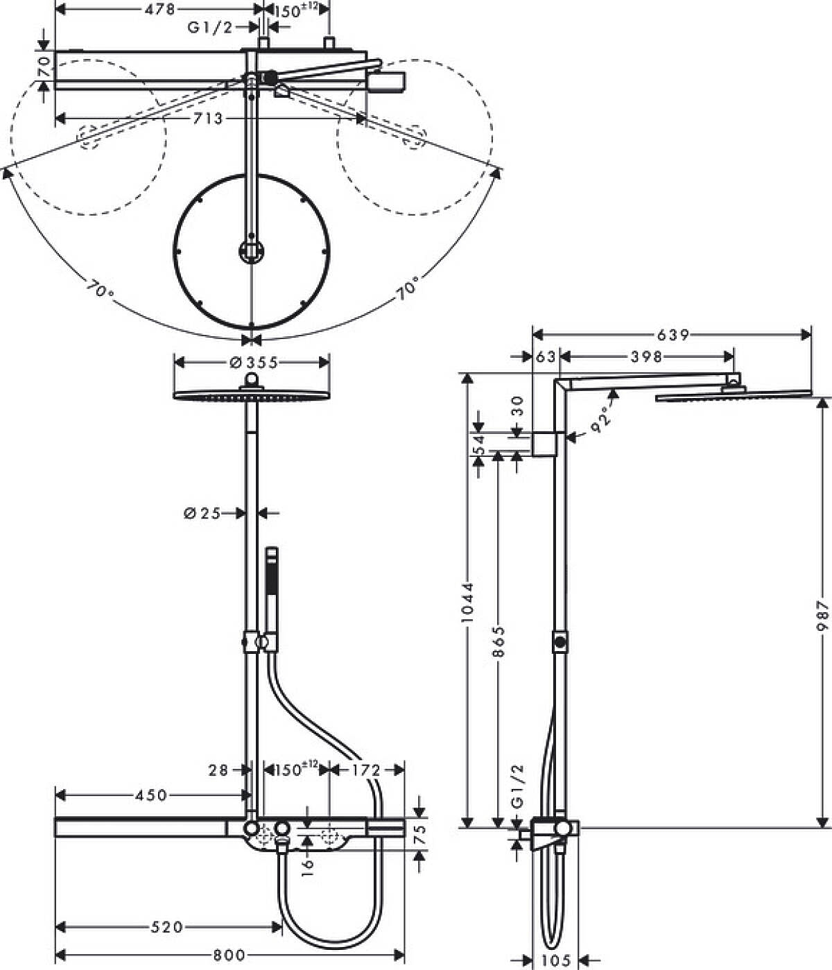 Axor Showerpipe 800 1jet Chrome 27984000 Габаритні розміри