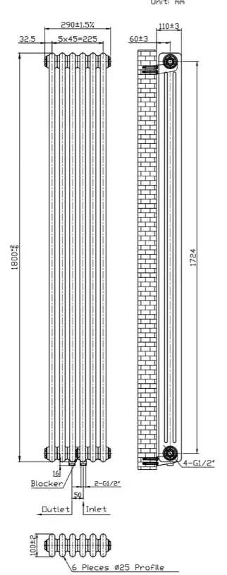 Warm Well Column 3 1800x290 (CL318029W) білий Габаритні розміри