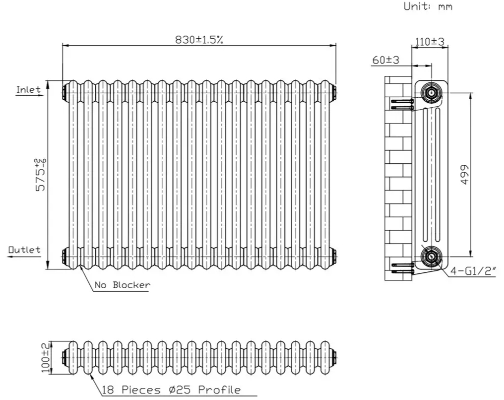 Warm Well Column 3 575x830 (CL305783MB) чорний Габаритні розміри