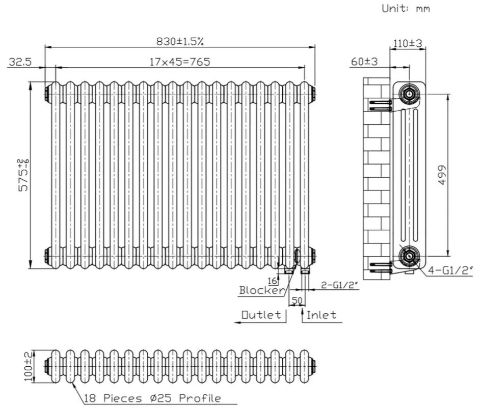 Warm Well Column 3 575x830 (CL305783W) білий Габаритні розміри