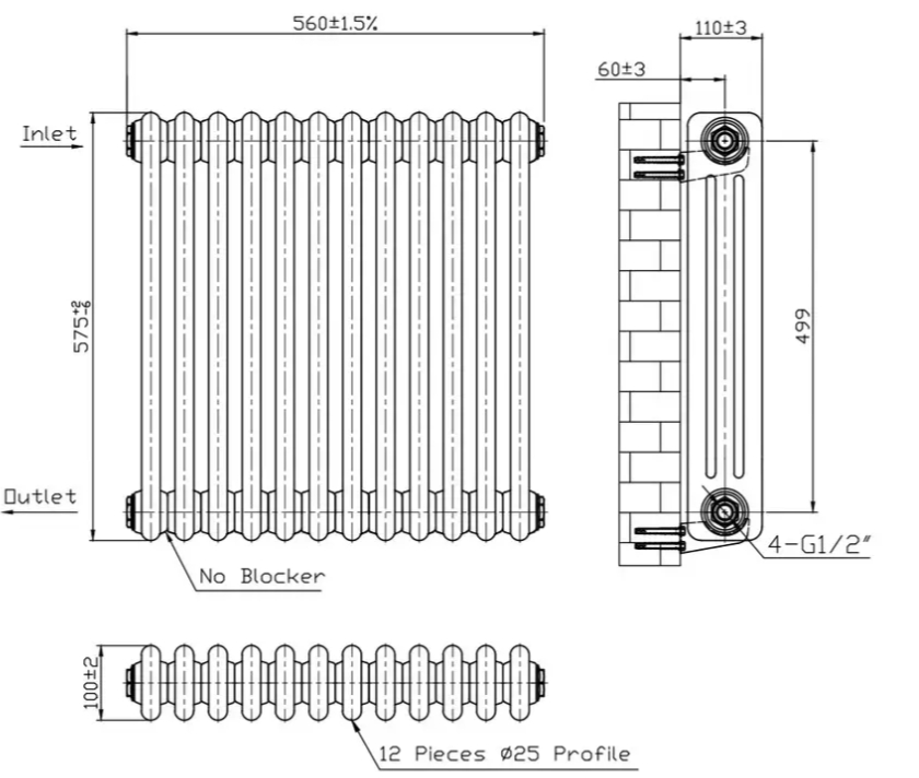 Warm Well Column 3 575x560 (CL305756MBS) чорний Габаритні розміри