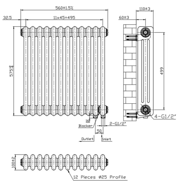 Warm Well Column 3 575x560 (CL305756MB) чорний Габаритні розміри
