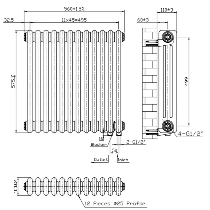 Warm Well Column 3 575x560 (CL305756W) білий Габаритні розміри