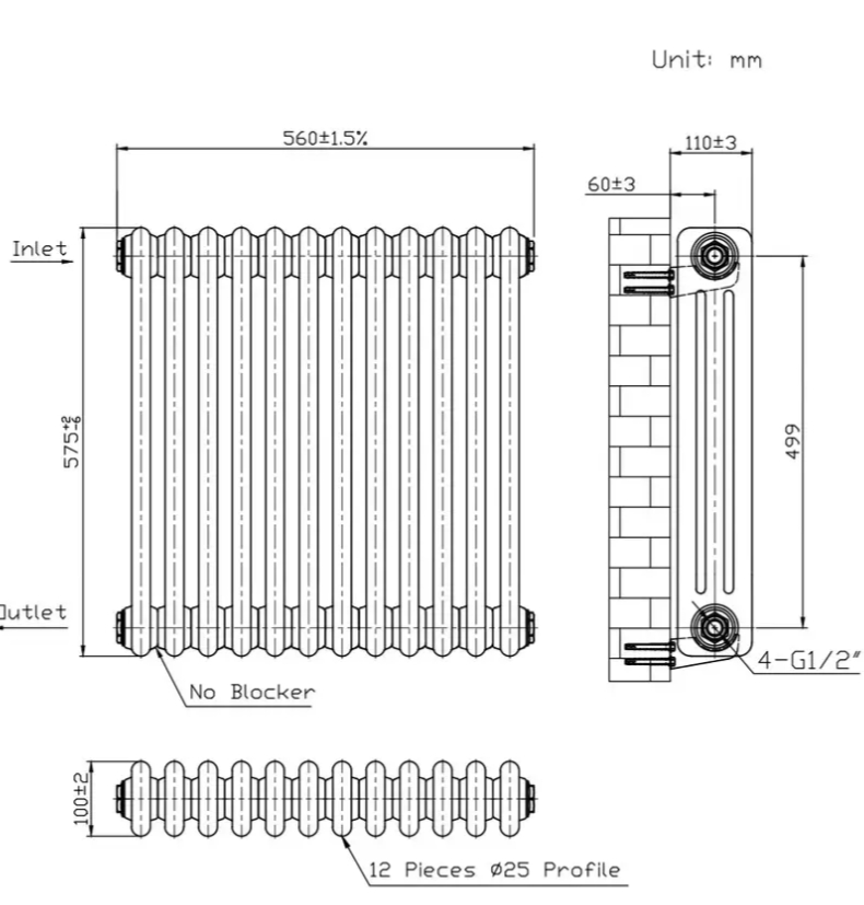 Warm Well Column 3 575x560 (CL305756WS) білий Габаритні розміри
