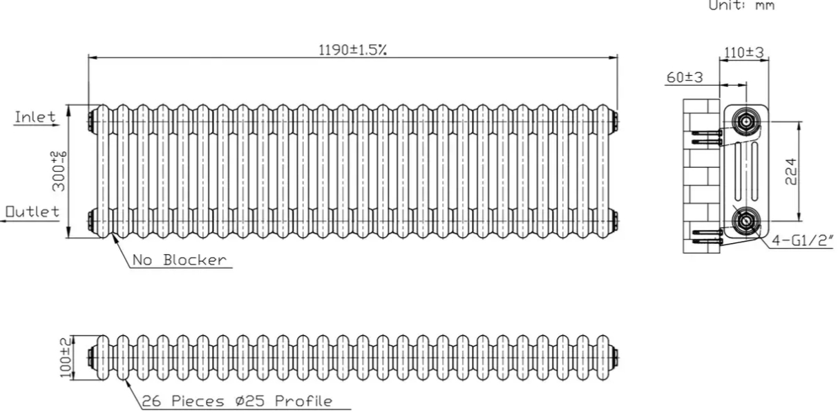 Warm Well Column 3 300x1190 (CL303011MBS) черный Габаритные размеры