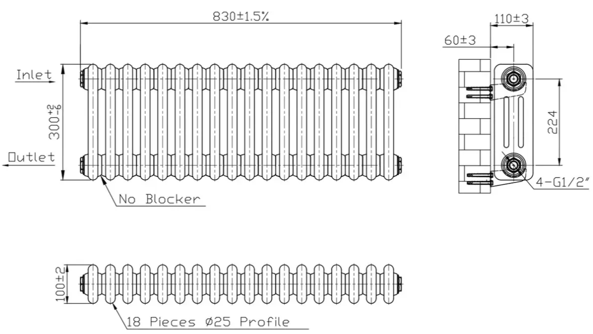 Warm Well Column 3 300x830 (CL303083WS) белый Габаритные размеры