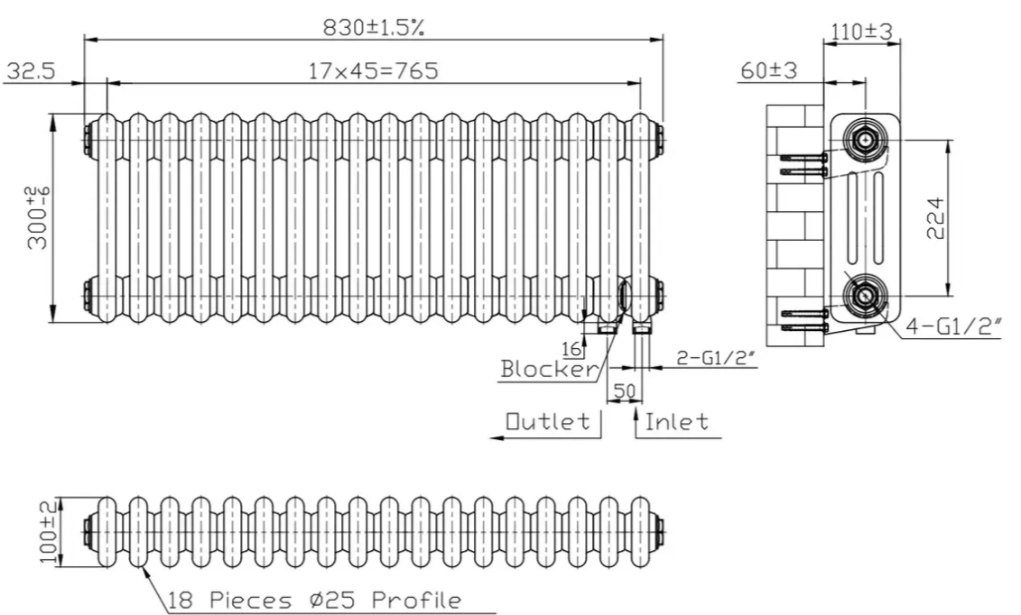 Warm Well Column 3 300x830 (CL303083MB) чорний Габаритні розміри