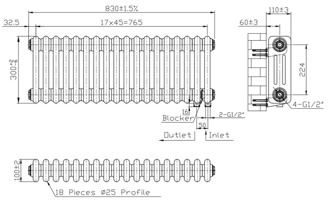 Warm Well Column 3 300x830 (CL303083W) білий Габаритні розміри
