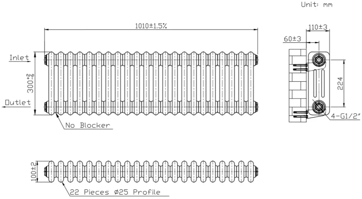Warm Well Column 3 300x1010 (CL303010WS) белый Габаритные размеры
