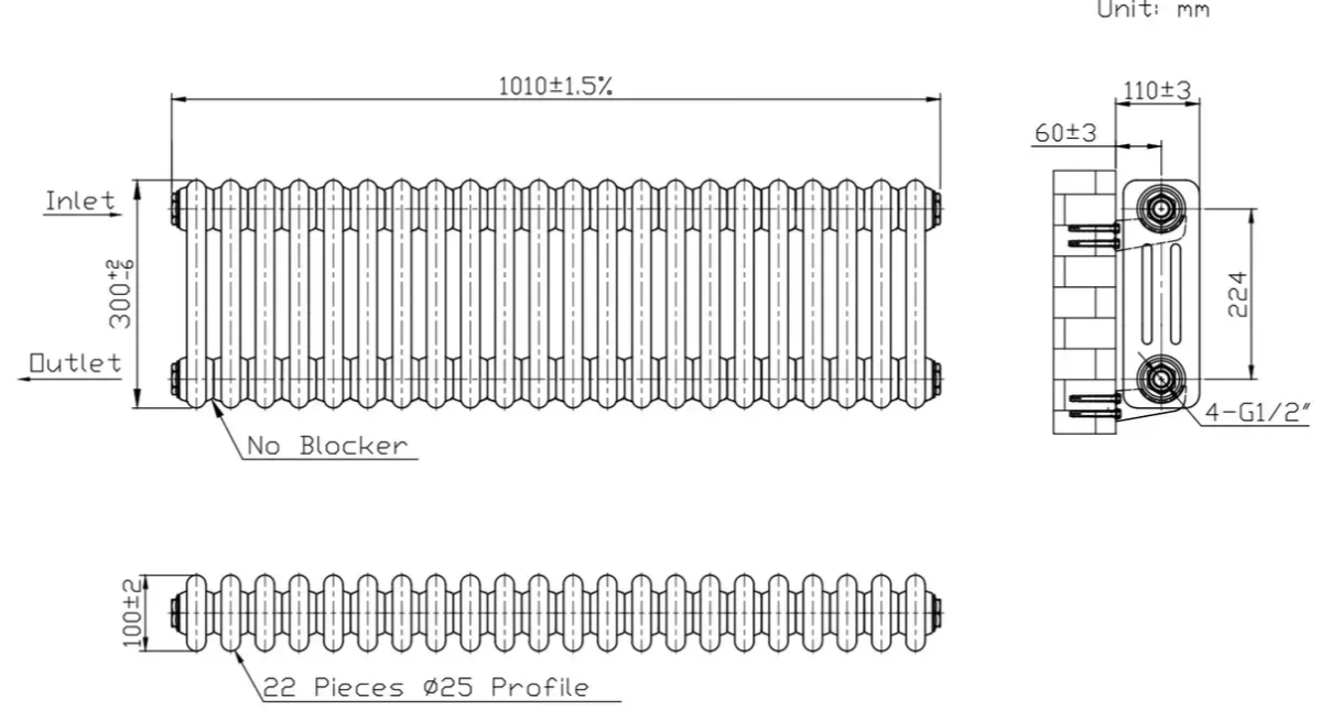 Warm Well Column 3 300x1010 (CL303010MBS) черный Габаритные размеры