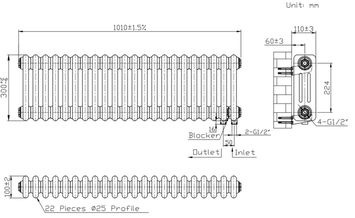 Warm Well Column 3 300x1010 (CL303010MB) чорний Габаритні розміри