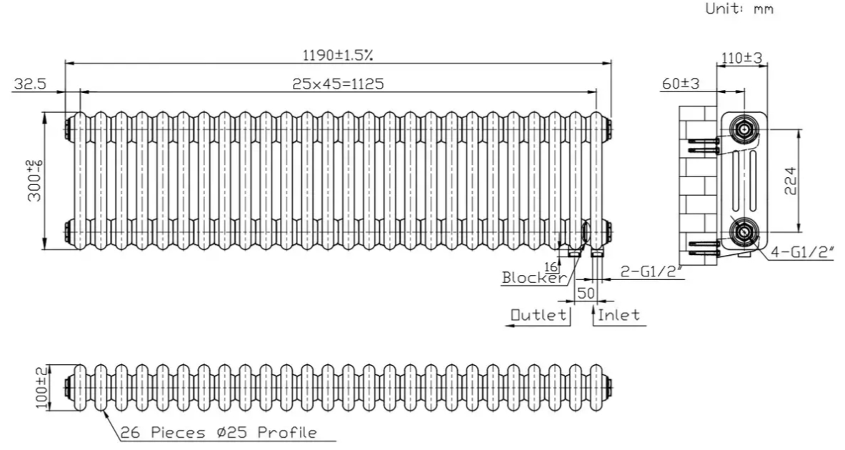 Warm Well Column 3 300x1190 (CL303011MB) чорний Габаритні розміри