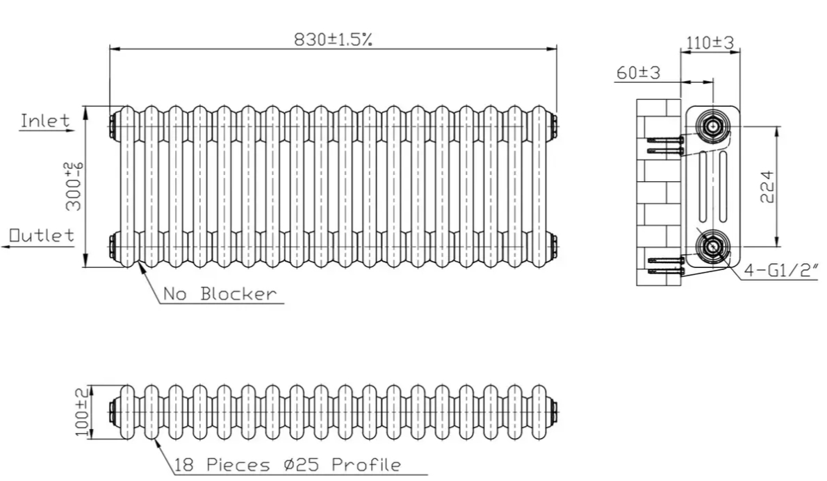 Warm Well Column 3 300x830 (CL303083MBS) черный Габаритные размеры