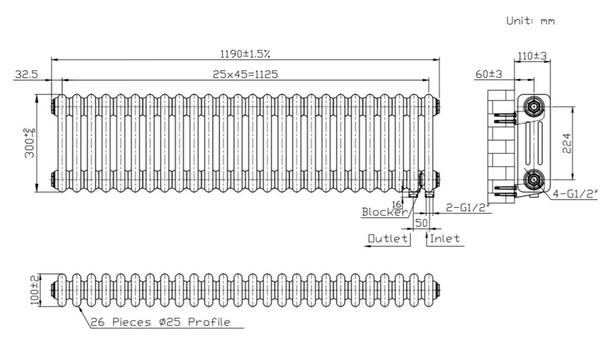 Warm Well Column 3 300x1190 (CL303011W) білий Габаритні розміри