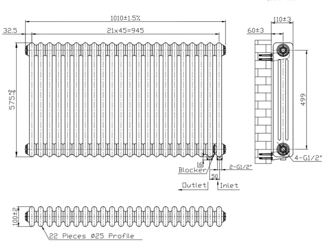 Warm Well Column 3 575x1010 (CL305710WS) білий Габаритні розміри