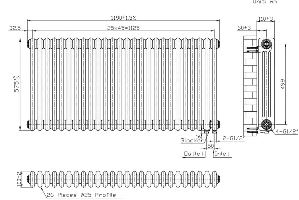 Warm Well Column 3 575x1190 (CL305711W) білий Габаритні розміри