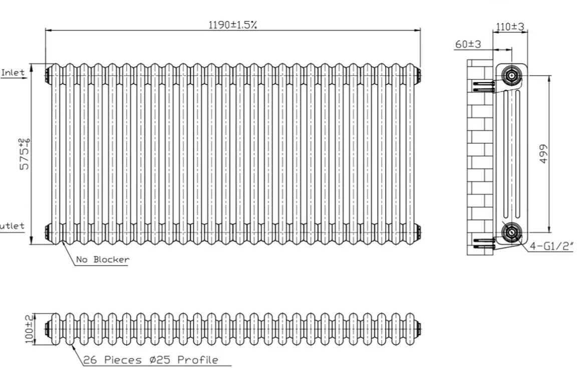 Warm Well Column 3 575x1190 (CL305711WS) белый Габаритные размеры