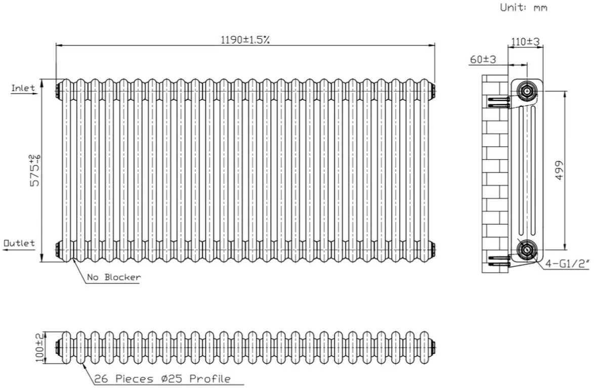 Warm Well Column 3 575x1190 (CL305711MBS) черный Габаритные размеры
