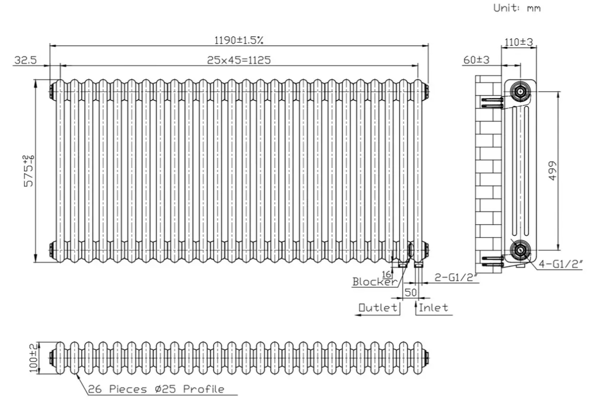 Warm Well Column 3 575x1190 (CL305711MB) чорний Габаритні розміри