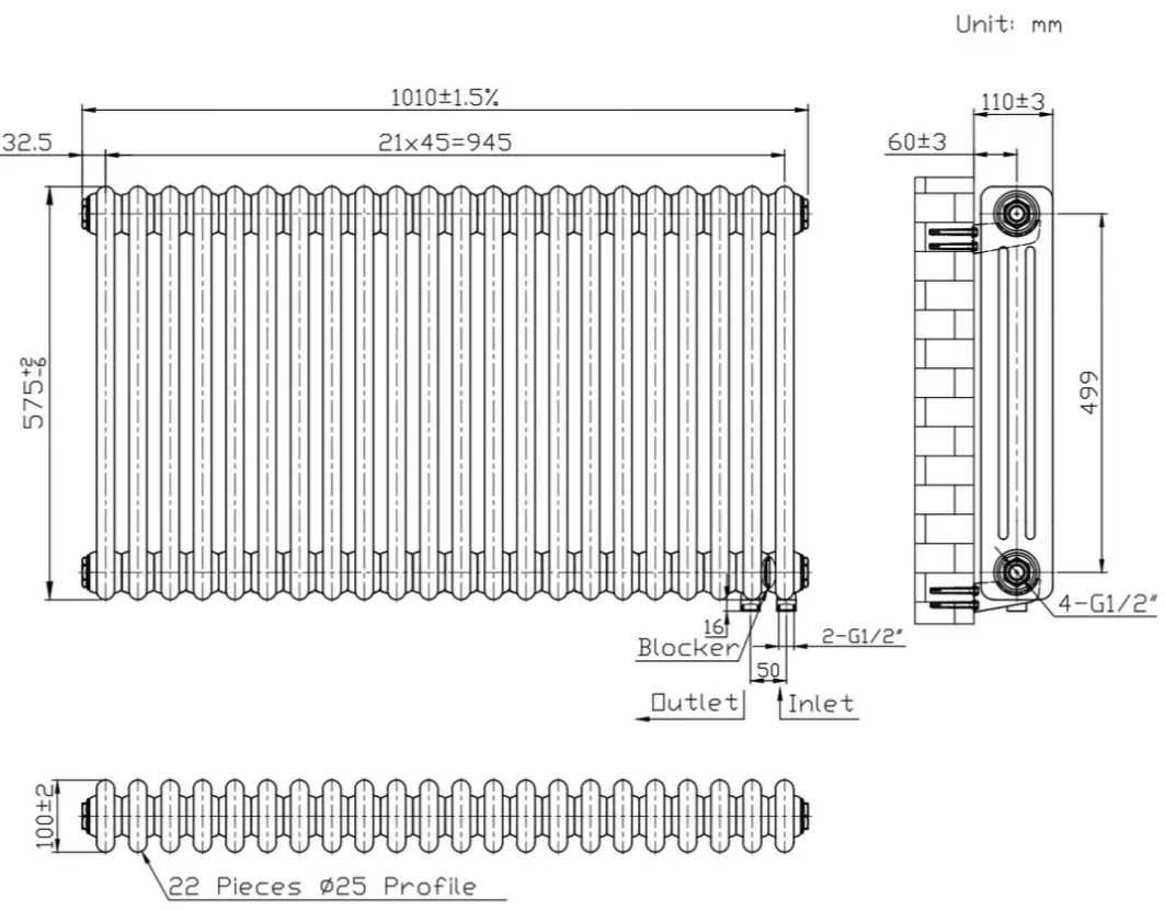 Warm Well Column 3 575x1010 (CL305710MB) чорний Габаритні розміри