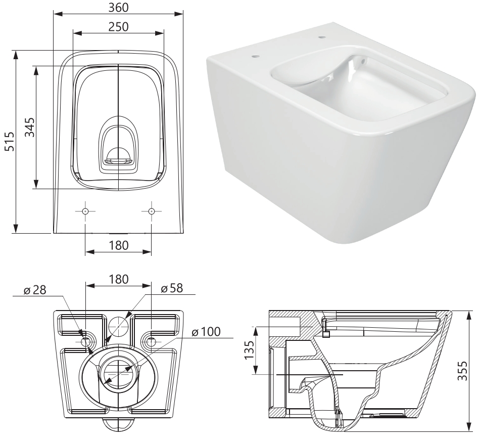 Ravak WC Solar RimOff (X01928) Габаритные размеры