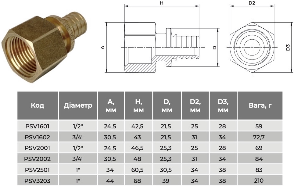 Raftec ВР 20x1/2" (PSV2001) Габаритные размеры