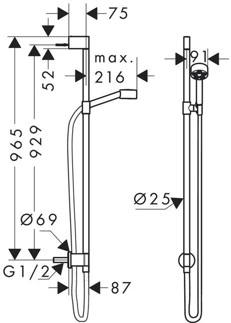 Axor One 75 1jet EcoSmart Brushed Bronze 48791140 Габаритні розміри