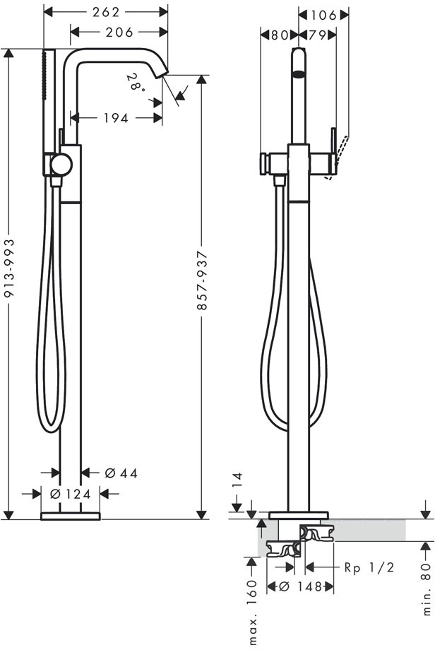 Hansgrohe Tecturis S Brushed Bronze 73440140 Габаритні розміри