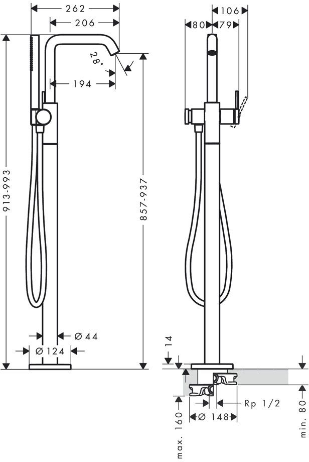 Hansgrohe Tecturis S Matt Black 73440670 Габаритные размеры