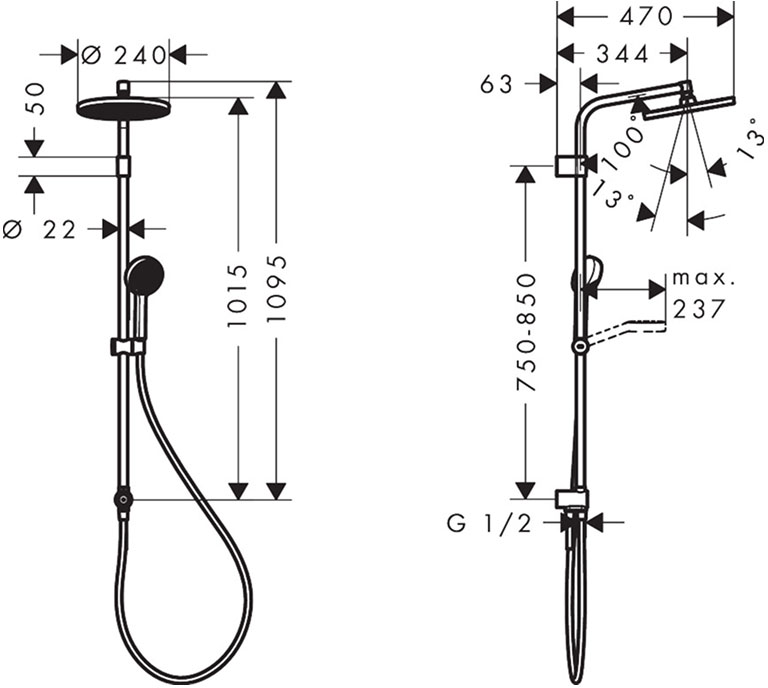 Hansgrohe Activera S 240 1jet EcoSmart Reno Varia Chrome 28074000 Габаритні розміри