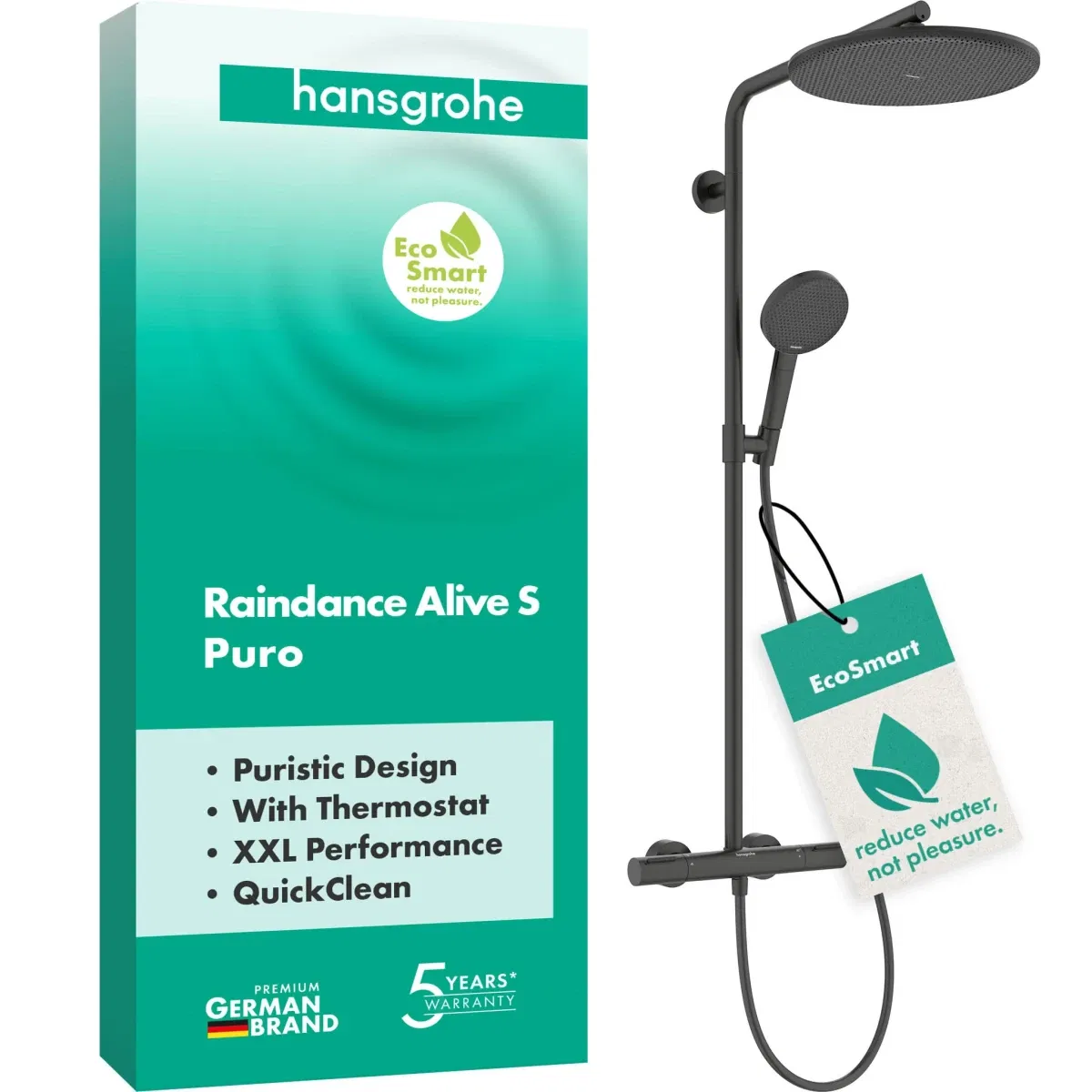 Душова система Hansgrohe Raindance Alive S Puro 300 1jet EcoSmart Ecostat Element Brushed Black Chrome 24593340 ціна 97020 грн - фотографія 2