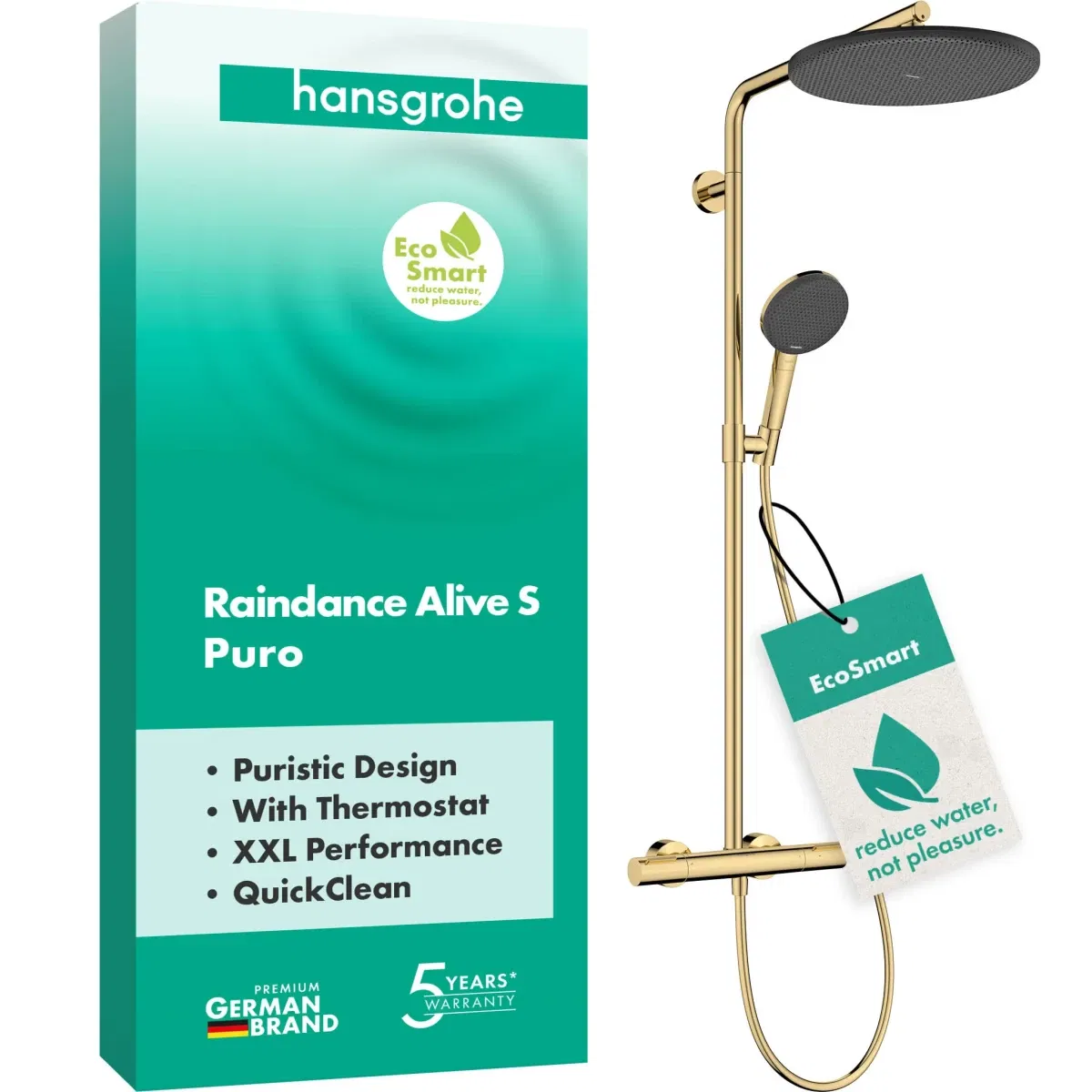 Душова система Hansgrohe Raindance Alive S Puro 300 1jet EcoSmart Ecostat Element Polished Gold Optic 24593990 ціна 97020 грн - фотографія 2