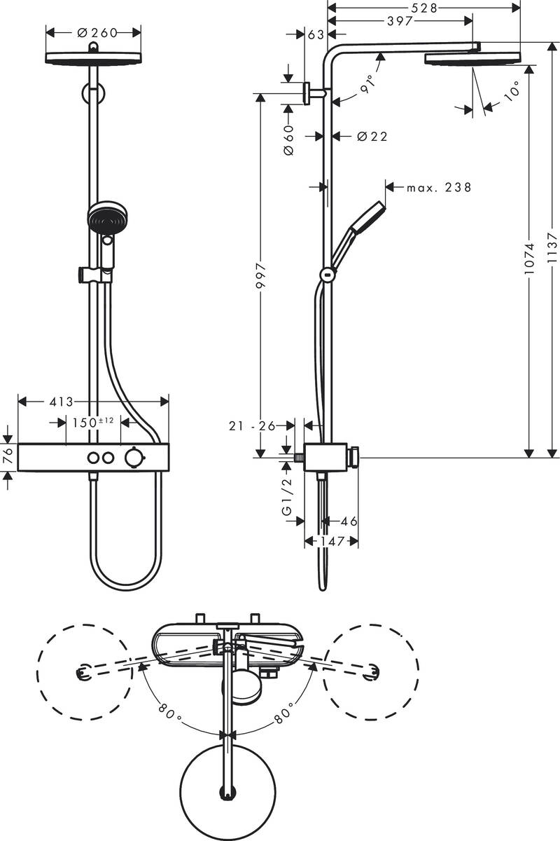 Hansgrohe Pulsify Showerpipe 260 Matt White 24220700 Габаритные размеры