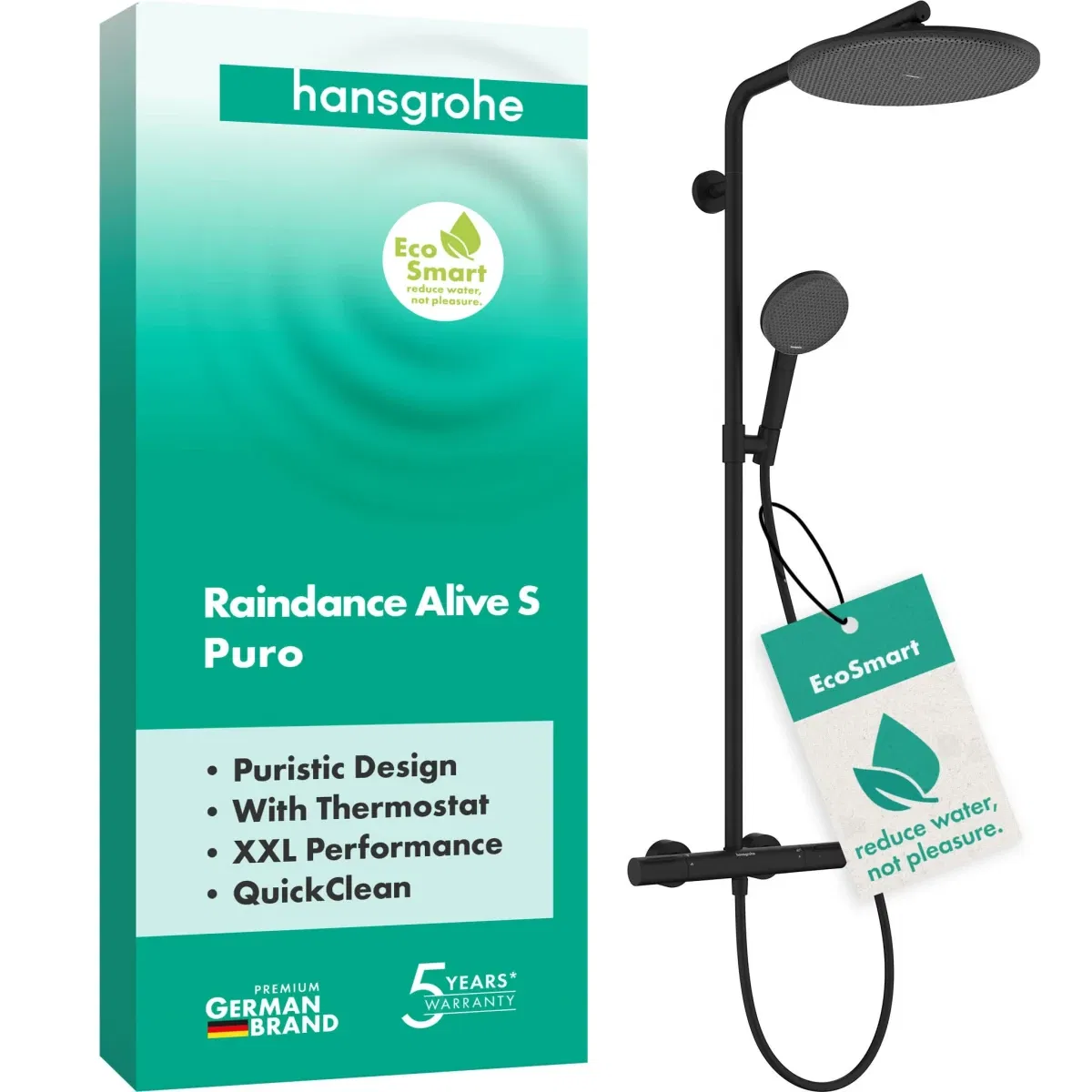 Душевая система Hansgrohe Raindance Alive S Puro 300 1jet EcoSmart Ecostat Element Matt Black 24593670 цена 84084 грн - фотография 2