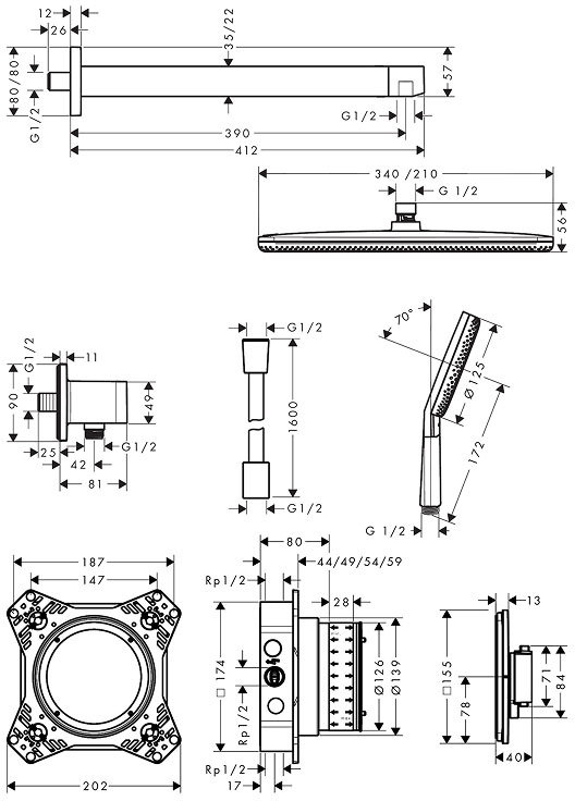 Hansgrohe Raindance Alive Q 210/340 1jet Chrome 24620000 Габаритні розміри