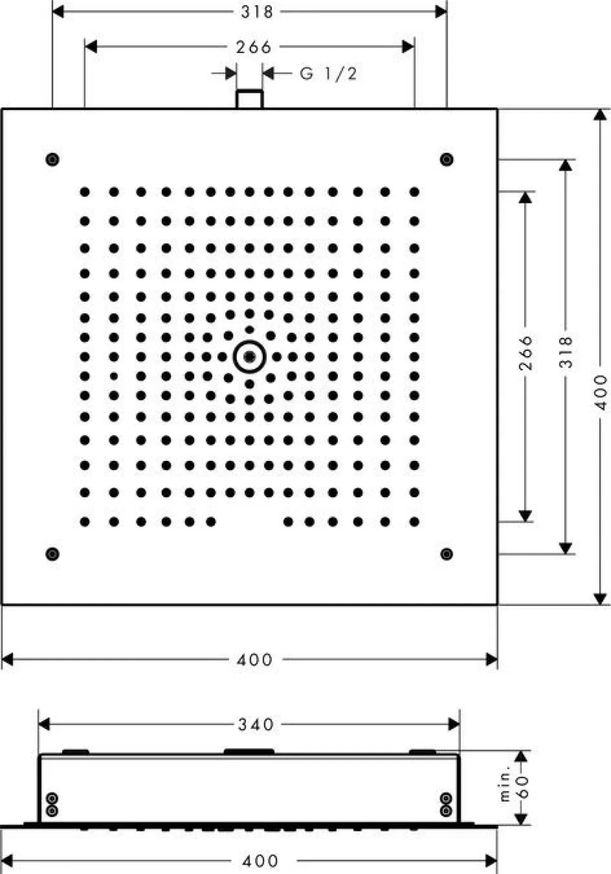 Hansgrohe Raindance E 400x400 1jet EcoSmart Matt Black 26253670 Габаритные размеры