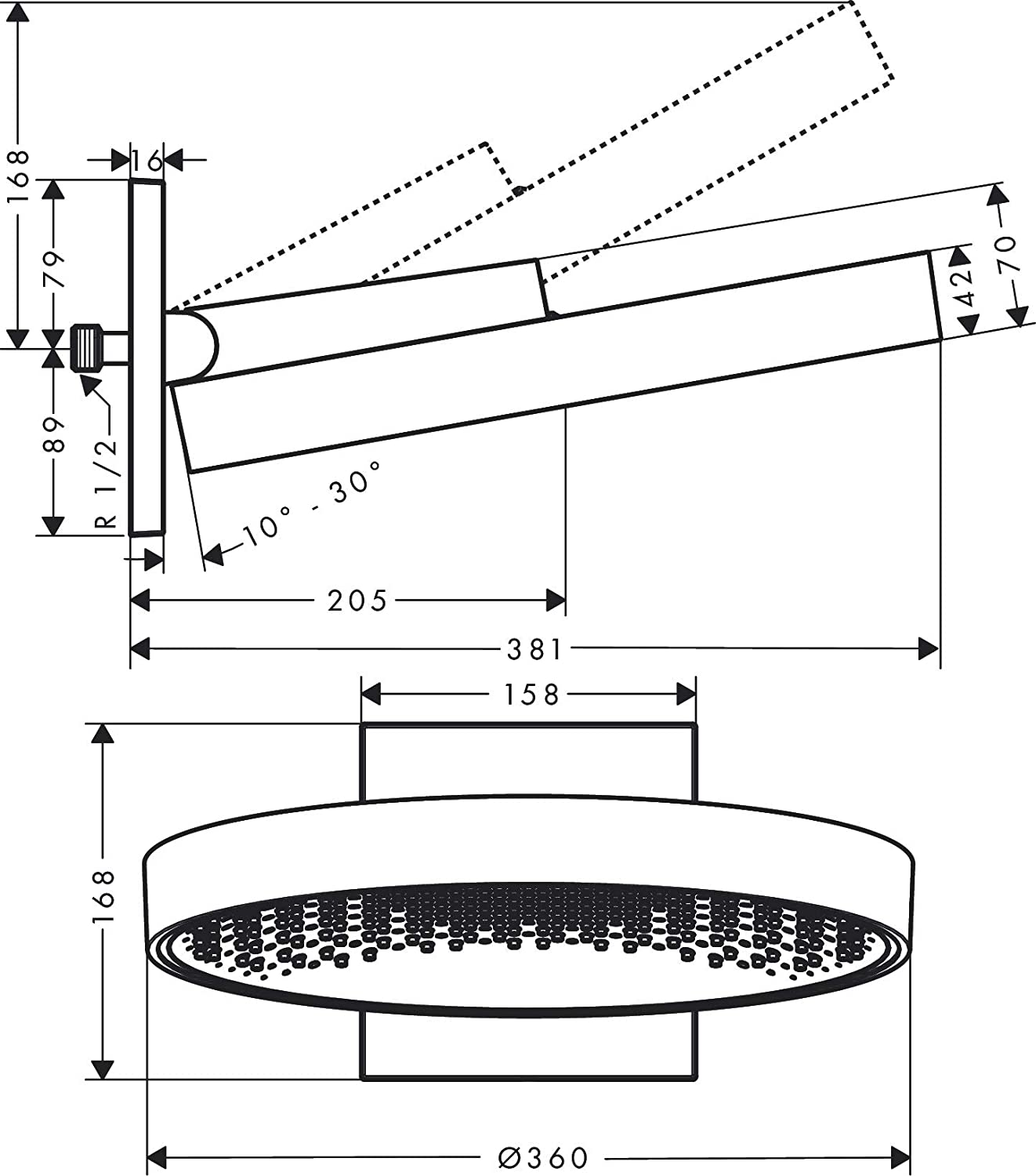 Hansgrohe Rainfinity 360 Brushed Bronze 26230140 Габаритні розміри