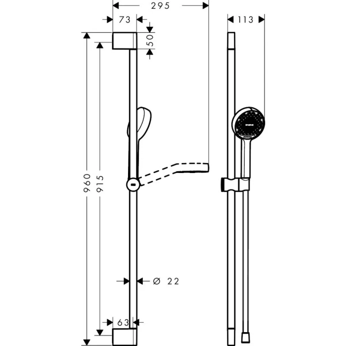 Hansgrohe Activera Select S 1jet EcoSmart 90 см Chrome 28042000 Габаритные размеры