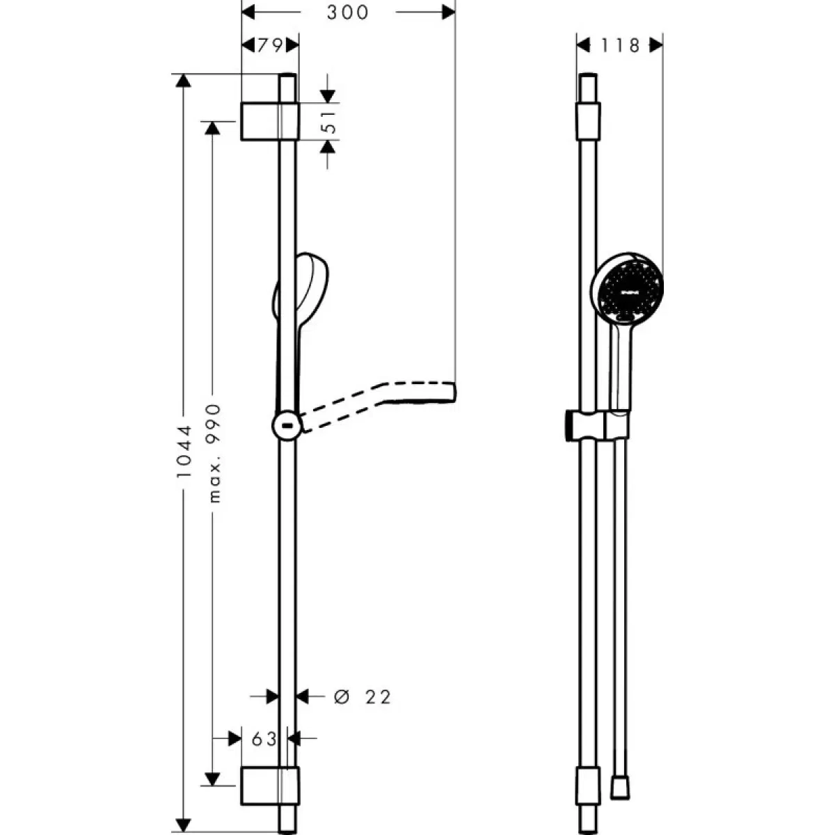 Hansgrohe Activera Select S 2jet EcoSmart 105 см Matt Black 28050670 Габаритные размеры