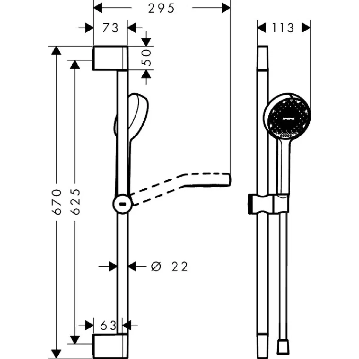 Hansgrohe Activera Select S 2jet EcoSmart 65 см Matt Black 28044670 Габаритные размеры