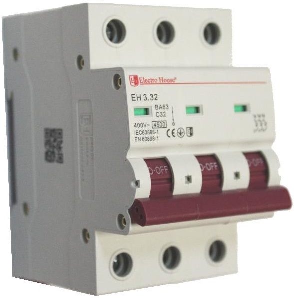 Автоматический выключатель Electro House 3P, 32A, 4.5kA, C (EH-3.32)