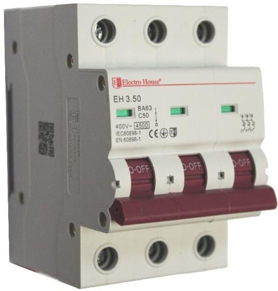 Автоматический выключатель Electro House 3P, 50A, 4.5kA, C (EH-3.50)