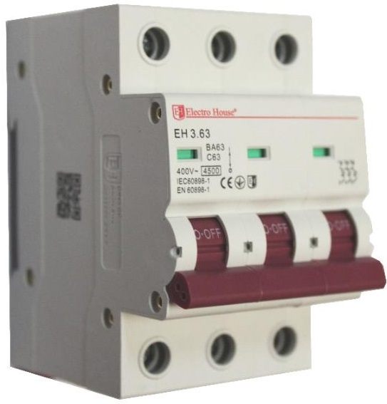 Автоматический выключатель Electro House 3P, 63A, 4.5kA, C (EH-3.63)