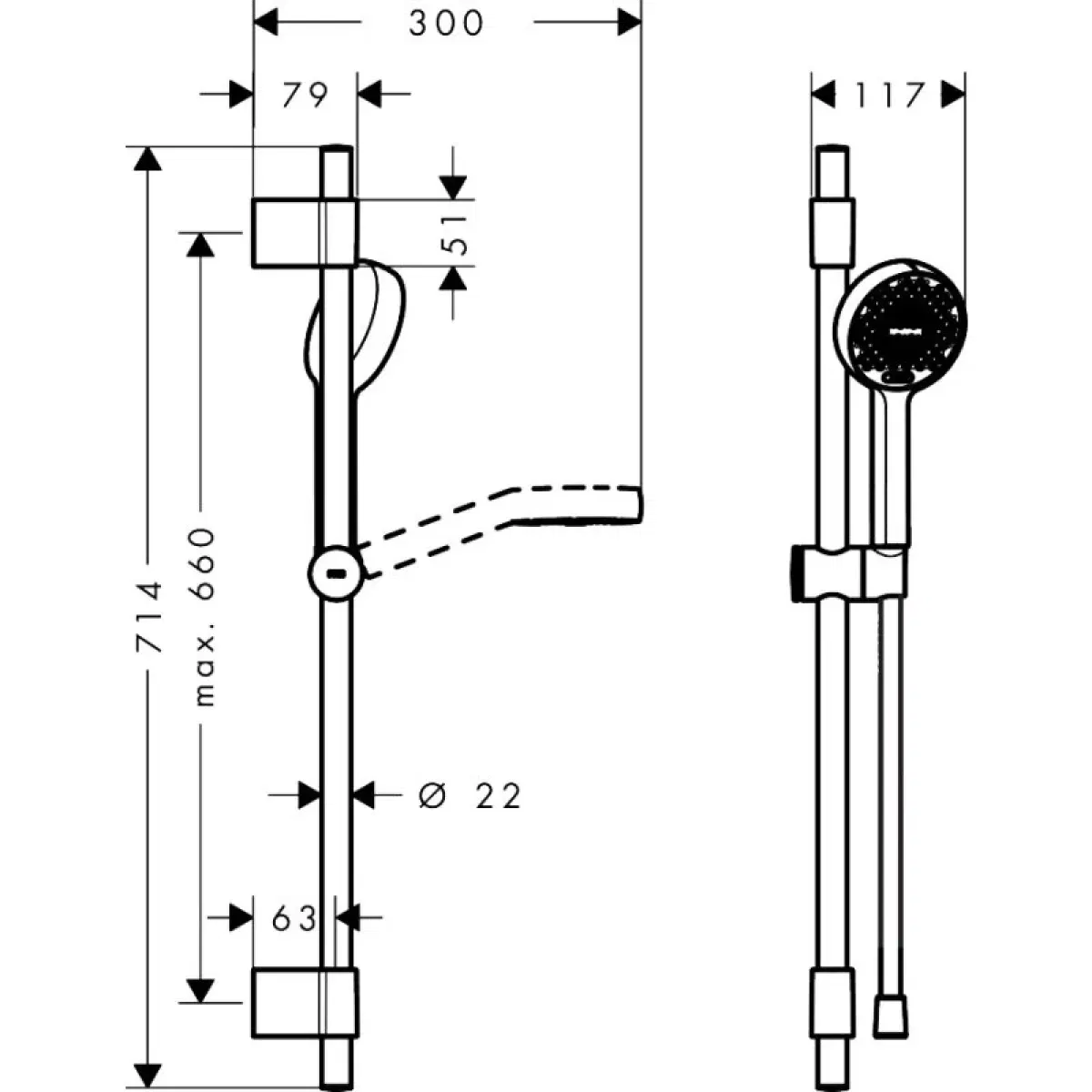 Hansgrohe Activera Select S 2jet EcoSmart 72 см Chrome 28048000 Габаритні розміри